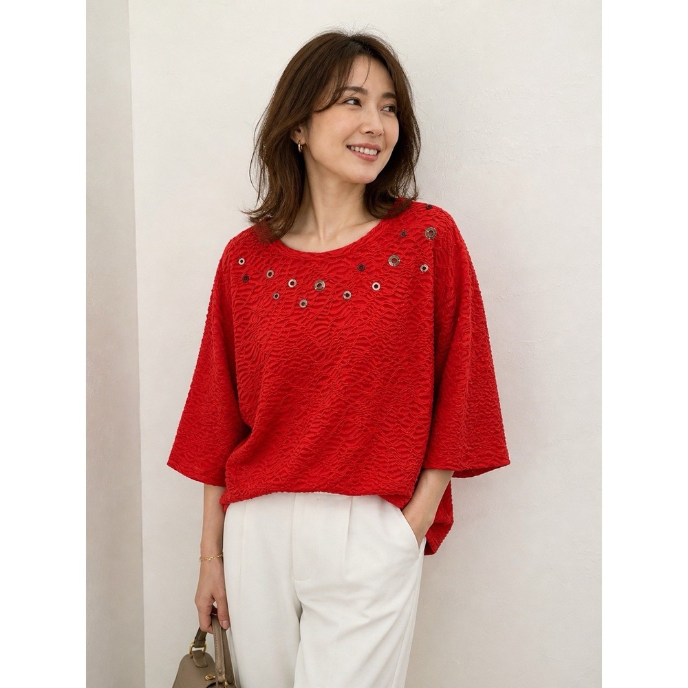 Onque Casual Top Women 2X Red Excellent Grommet Textured Knit 3/4 Sleeve